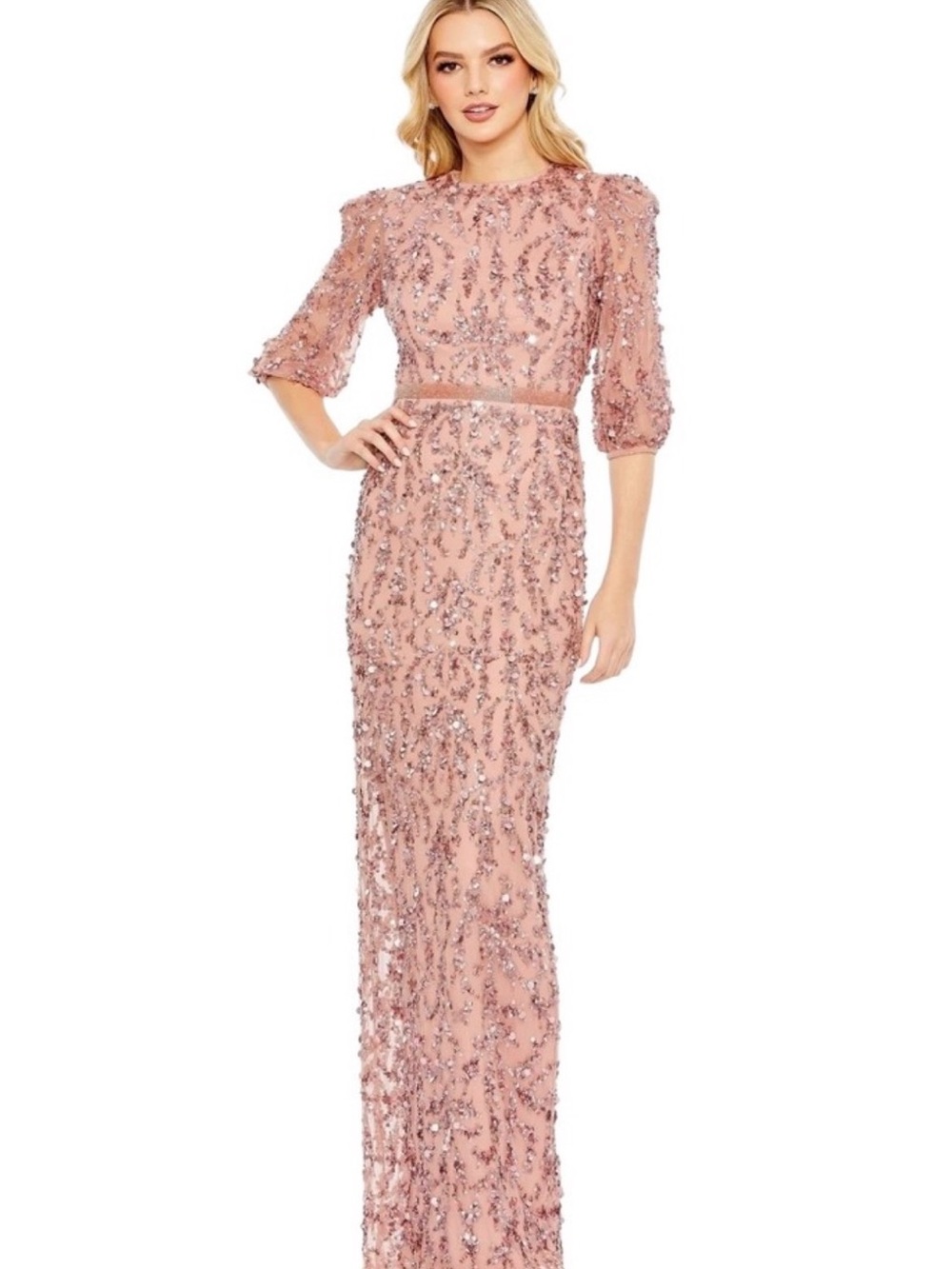 NWT Mac Duggal 93790 Embellished Column Gown Blush Sequin Maxi [6] Long Sleeve
